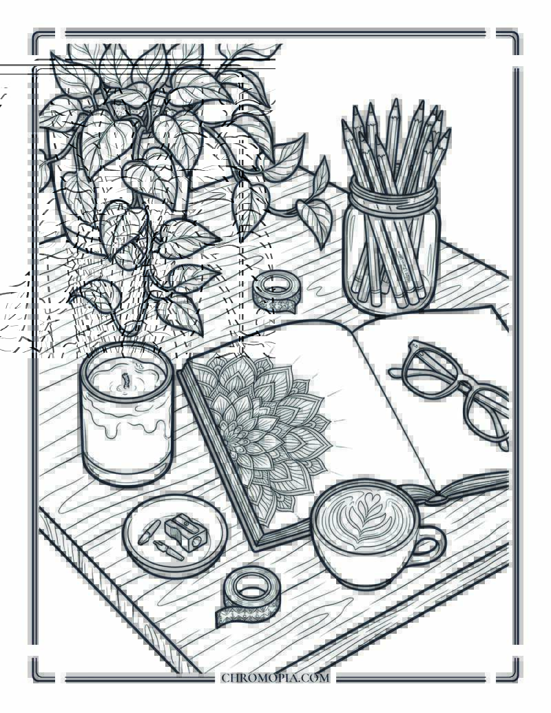 Aesthetic Crafting Desk Cozy Room Coloring Page