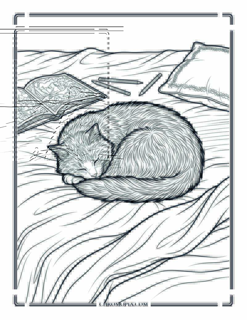 Cat Sleeping On An Unmade Bed Cozy Coloring Page