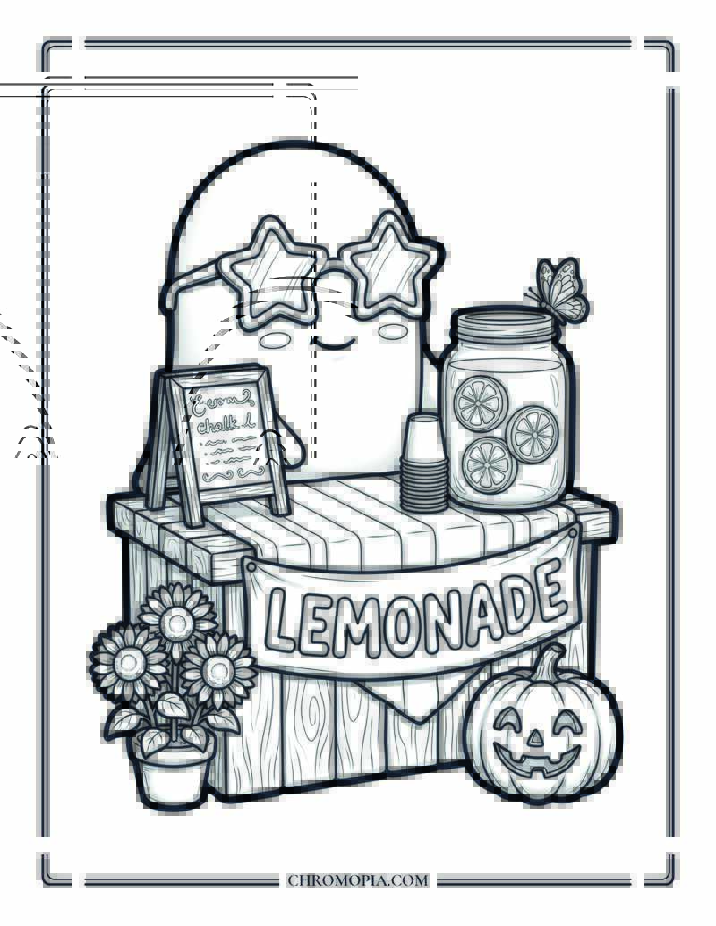 Friendly Ghost In Sunglasses At A Lemonade Stand Summerween Coloring Page