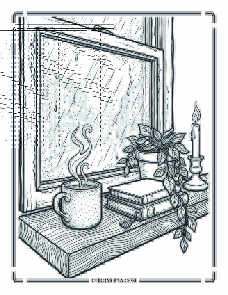 Rain Window With Warm Mug Cozy Coloring Page