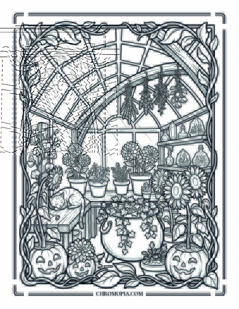 Witchy Greenhouse Summer Flowers Summerween Coloring Page