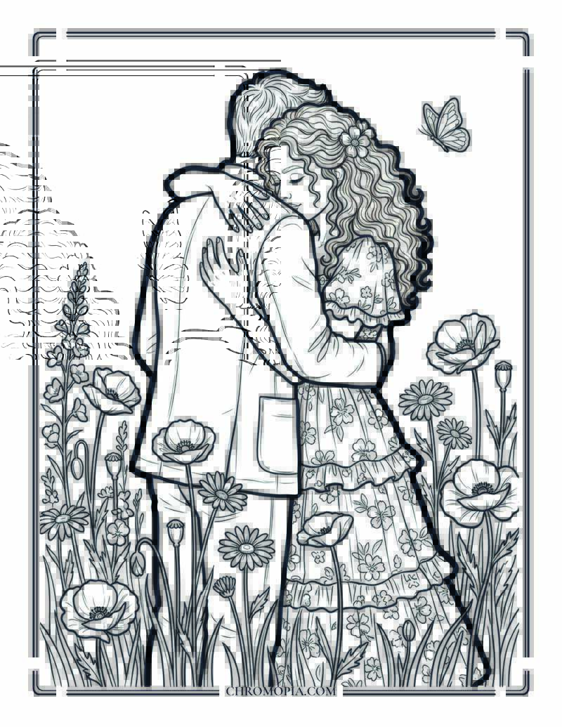 Couple Hugging In A Wildflower Field On National Girlfriend Day Coloring Page