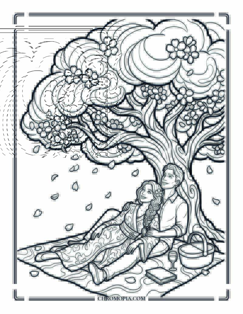 Couple Under Cherry Blossoms On National Girlfriend Day Coloring Page