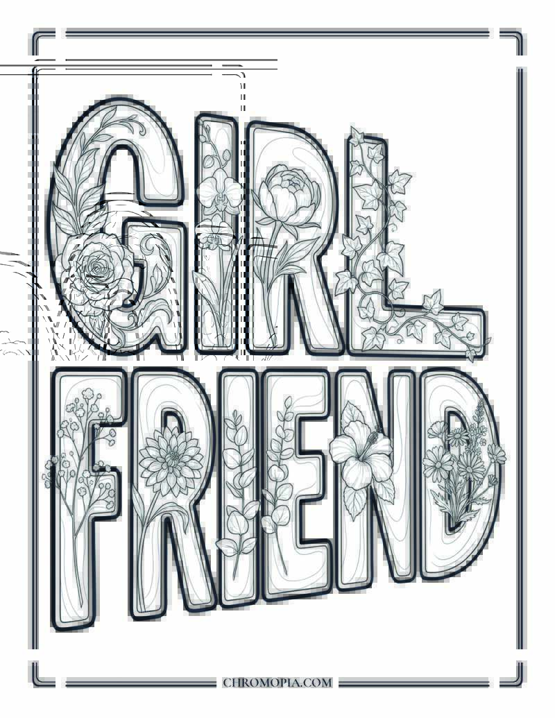 GIRLFRIEND Floral Word Art Coloring Page