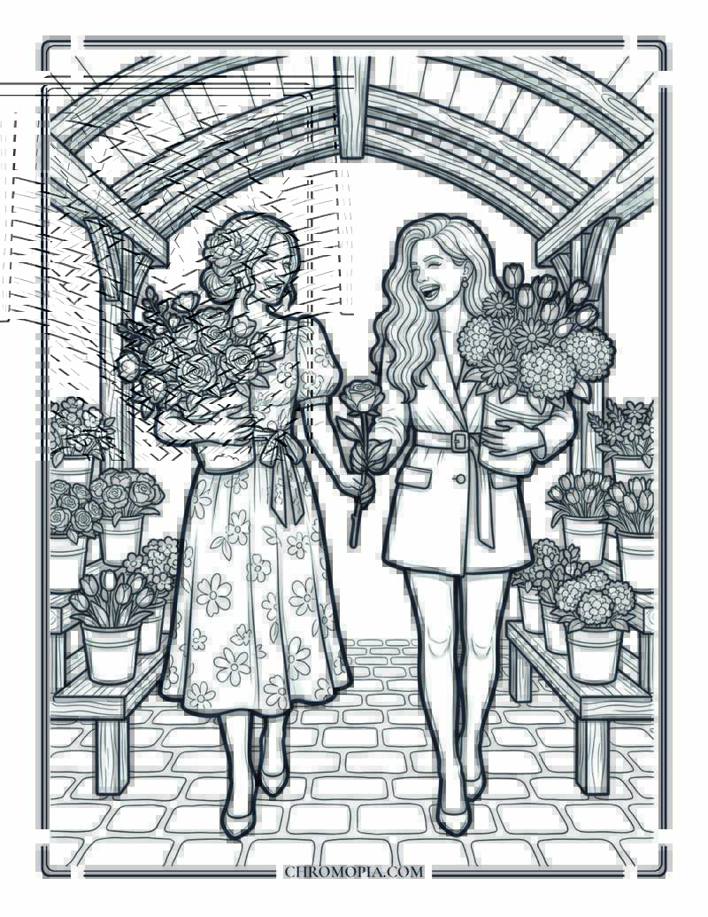 Best Friends At A Flower Market On Girlfriend Day Coloring Page