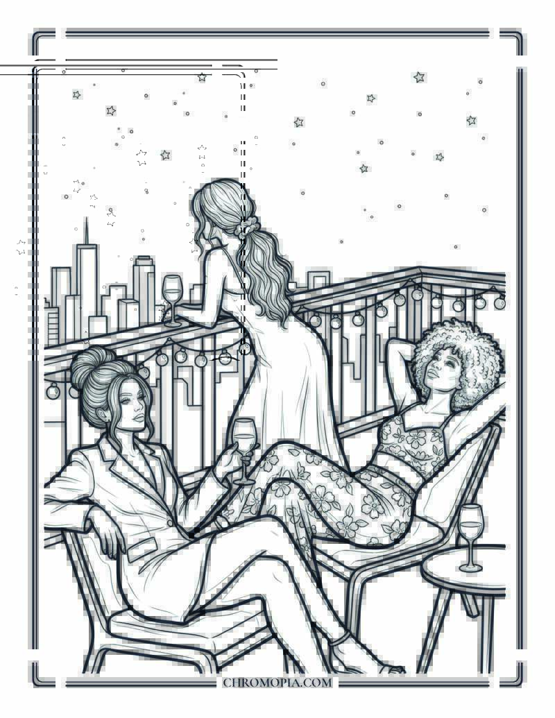 Friends On A Rooftop At Night Celebrating Girlfriend Day Coloring Page