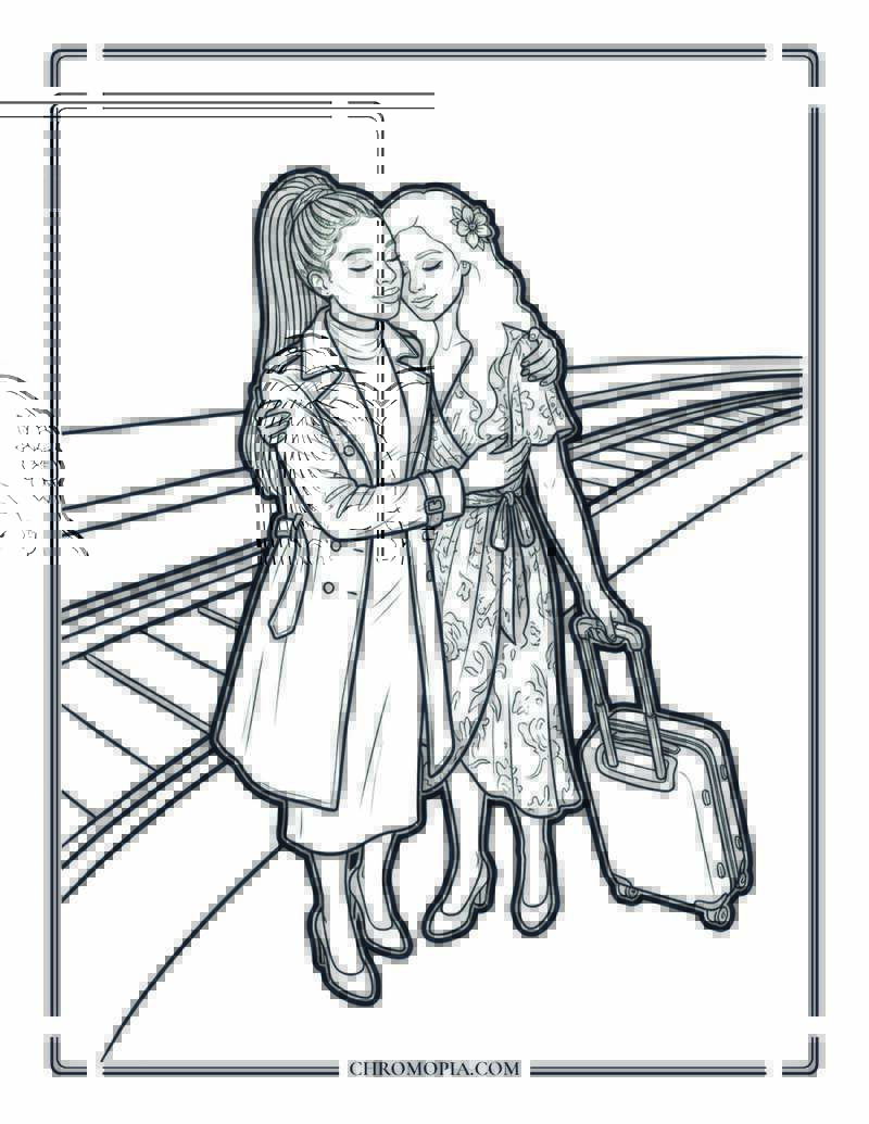 Girlfriend Day Reunion Hug At The Train Station Coloring Page