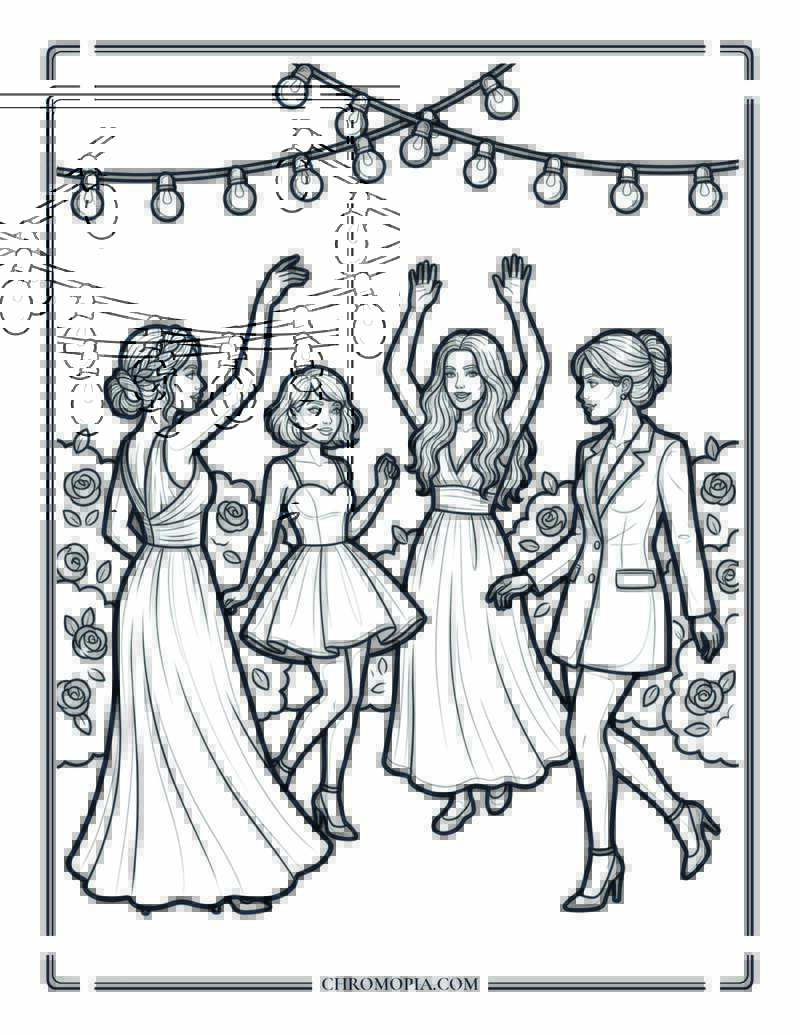 Girlfriends Dancing At A Garden Party For National Girlfriend Day Coloring Page