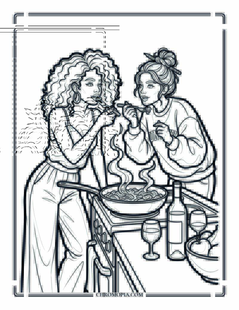 Girlfriends Late Night In The Kitchen On Girlfriend Day Coloring Page