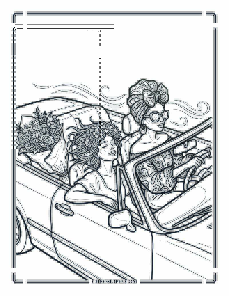 Girlfriends On A Summer Road Trip For National Girlfriend Day Coloring Page