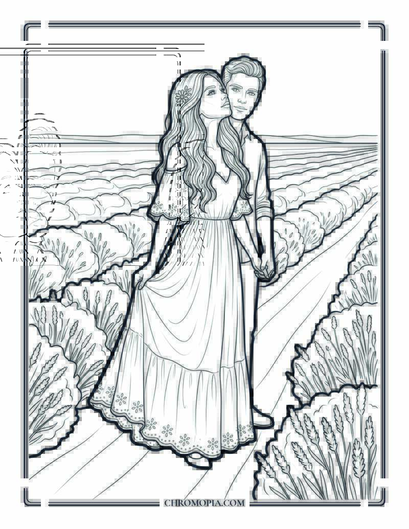 Couple Walking Through A Lavender Field On Girlfriend Day Coloring Page