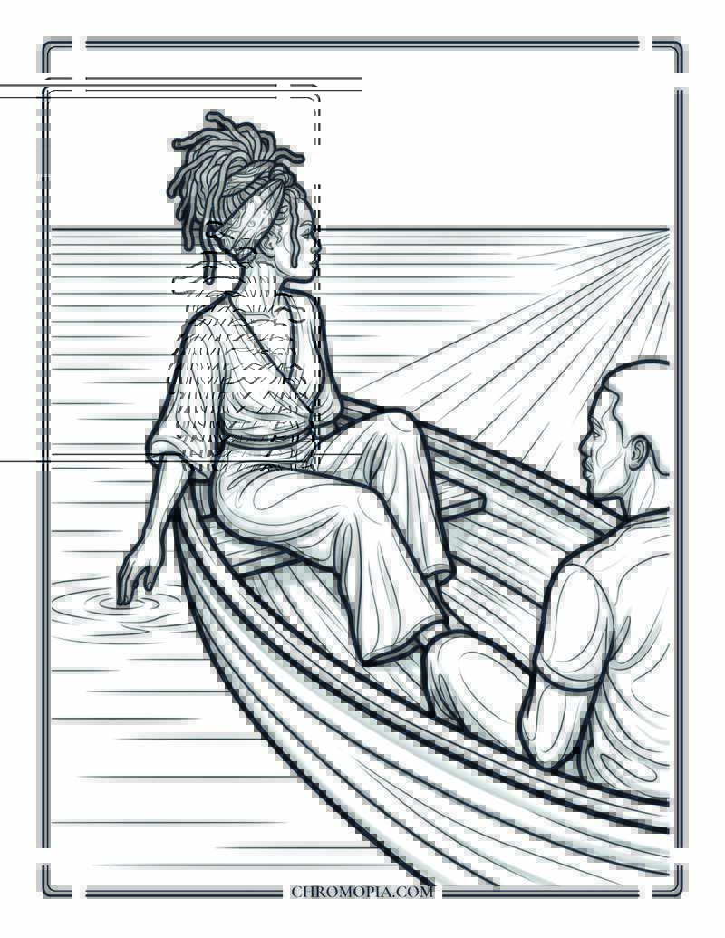 Couple On A Boat At Sunset On Girlfriend Day Coloring Page