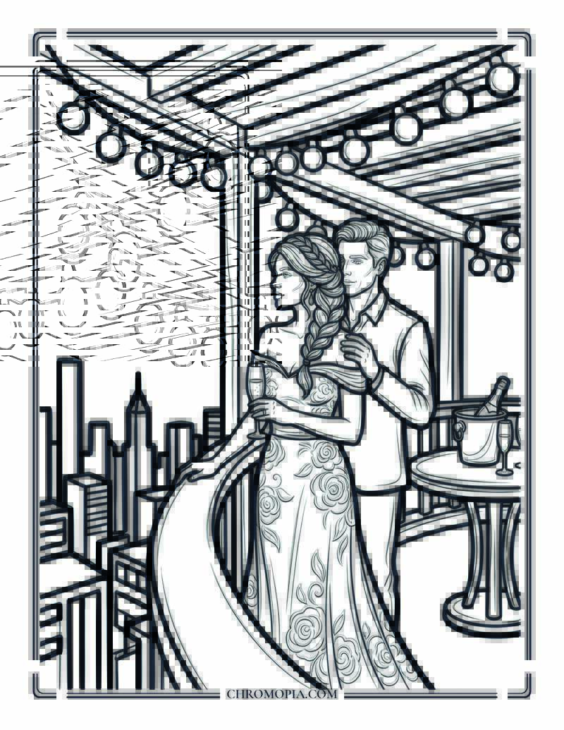 Couple On A Romantic Rooftop Celebrating Girlfriend Day Coloring Page