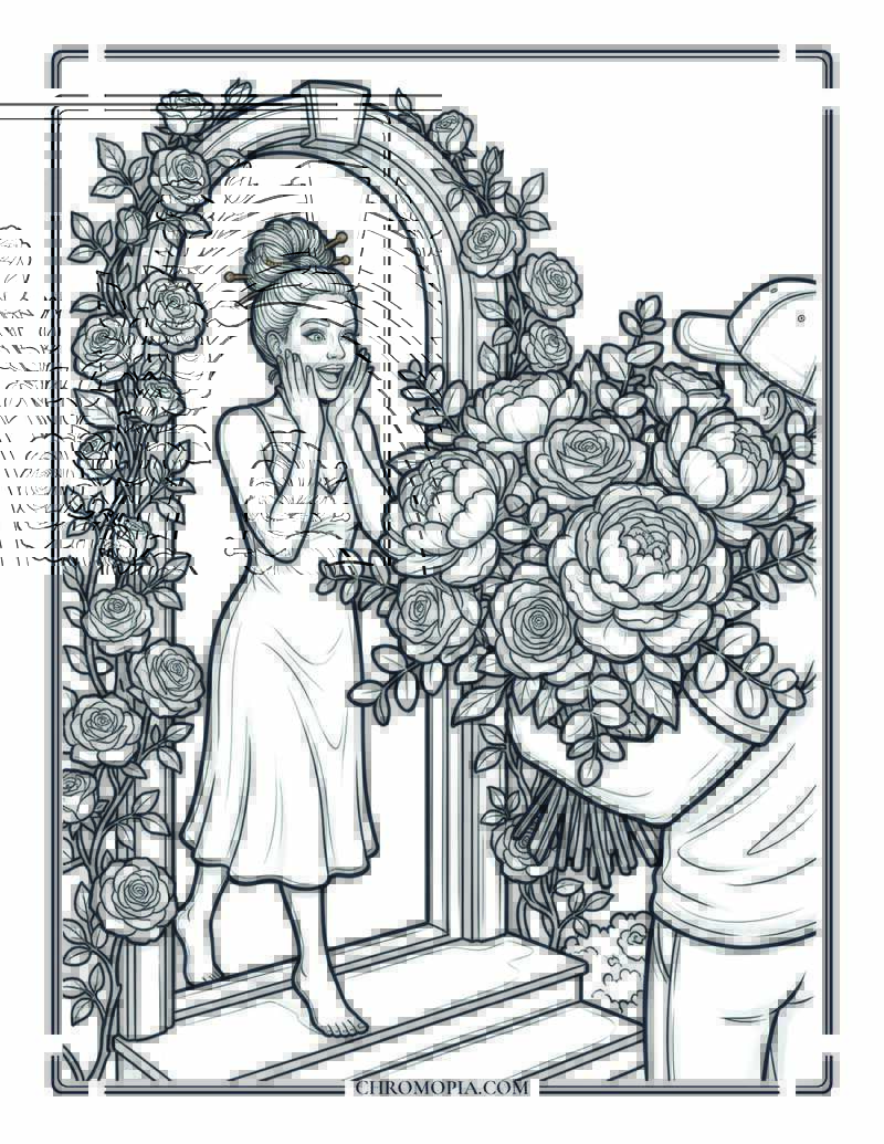 Girlfriend Day Surprise Flower Delivery At The Door Coloring Page