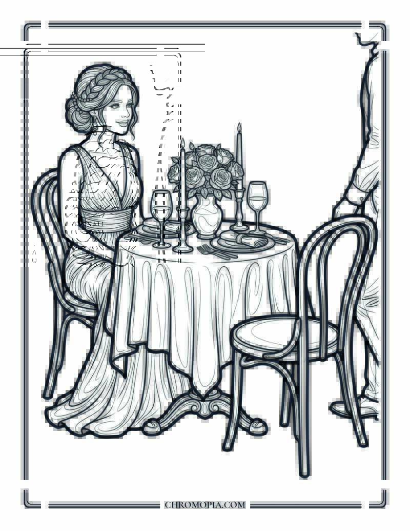 Romantic Candlelit Girlfriend Day Dinner Table Coloring Page
