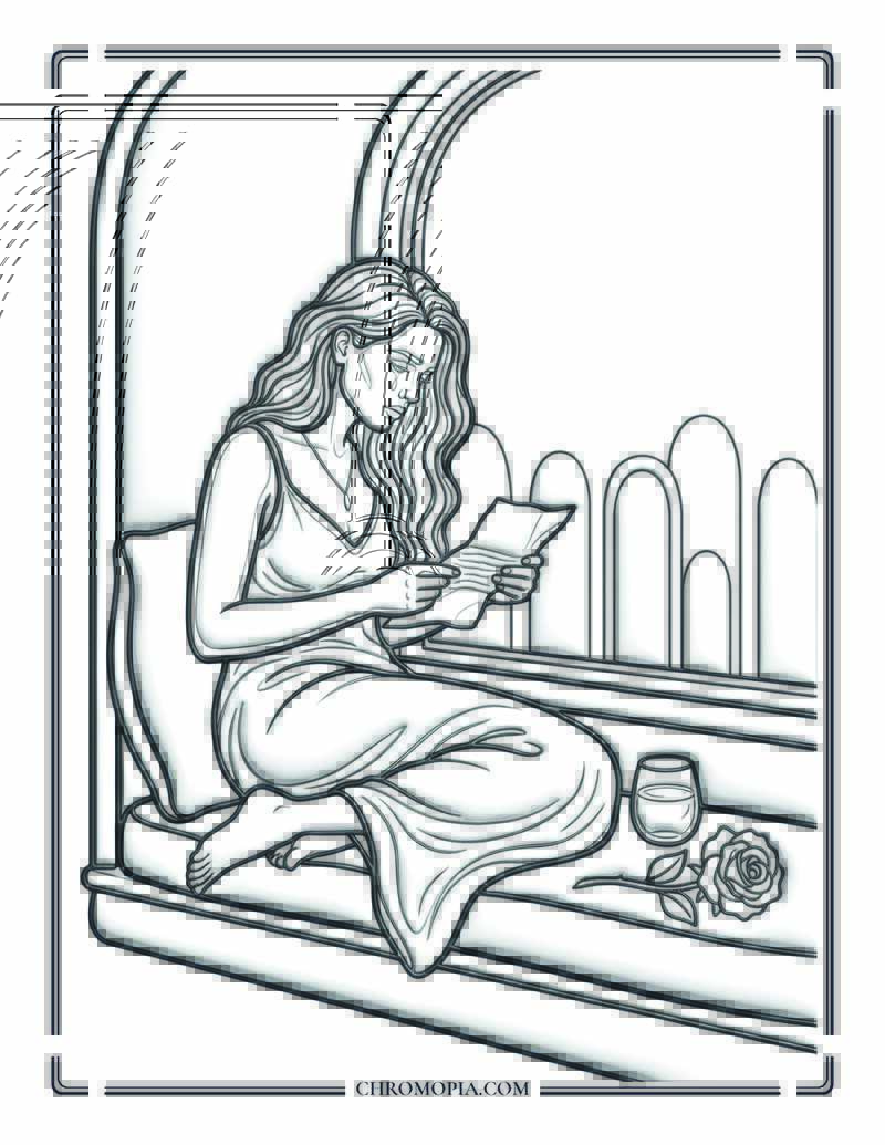 Woman Reading A Girlfriend Day Love Letter By The Window Coloring Page