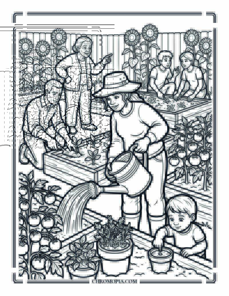 Community Garden Group For Happiness Happens Month Coloring Page