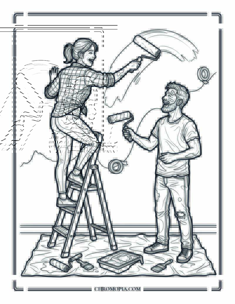 Couple Painting Their Living Room Together Coloring Page