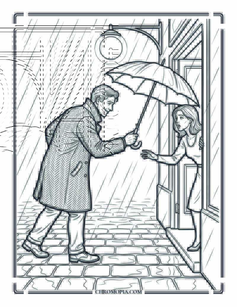 Man Giving His Umbrella To A Stranger In The Rain Coloring Page