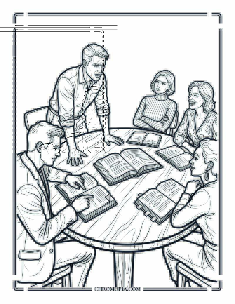 Mixed Book Club Group Debate Coloring Page