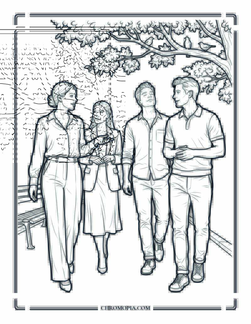 Mixed Group Corporate Wellness Walk In The Park Coloring Page