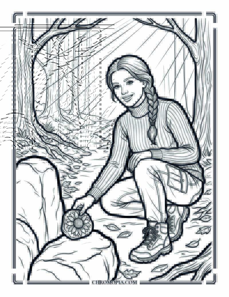 Woman Hiding Kindness Rocks On A Hiking Trail Coloring Page