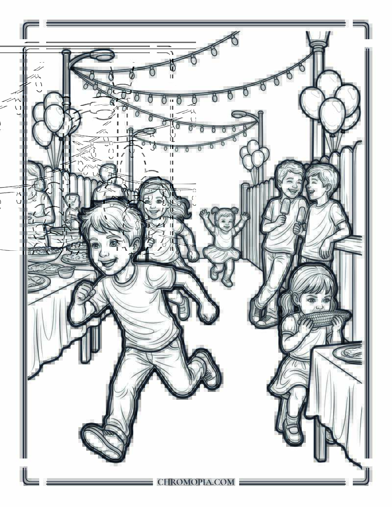 Children At A Neighborhood Block Party Coloring Page