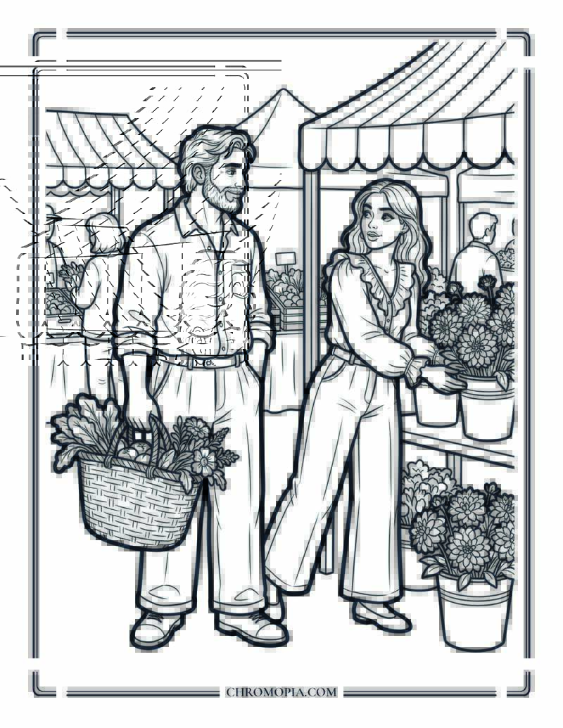 Couple At An August Farmers Market Coloring Page