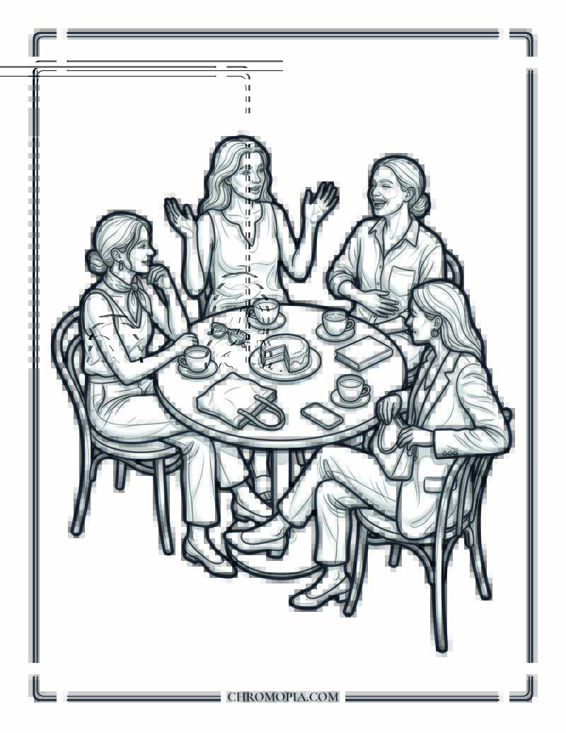 Four Friends At An Outdoor Cafe Table Coloring Page
