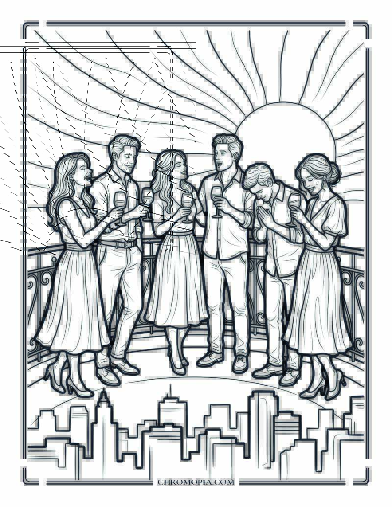 Friends Toasting At A Rooftop At Golden Hour Coloring Page