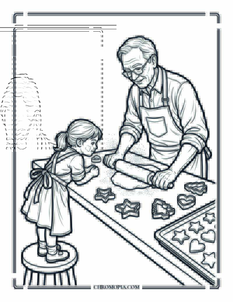 Grandfather And Granddaughter Baking Cookies Together Coloring Page