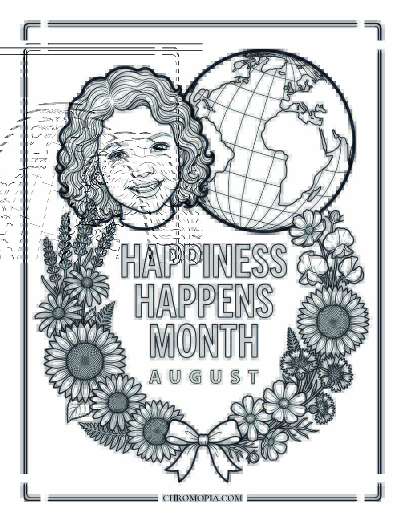Happiness Happens Month August Botanical Wreath Coloring Page