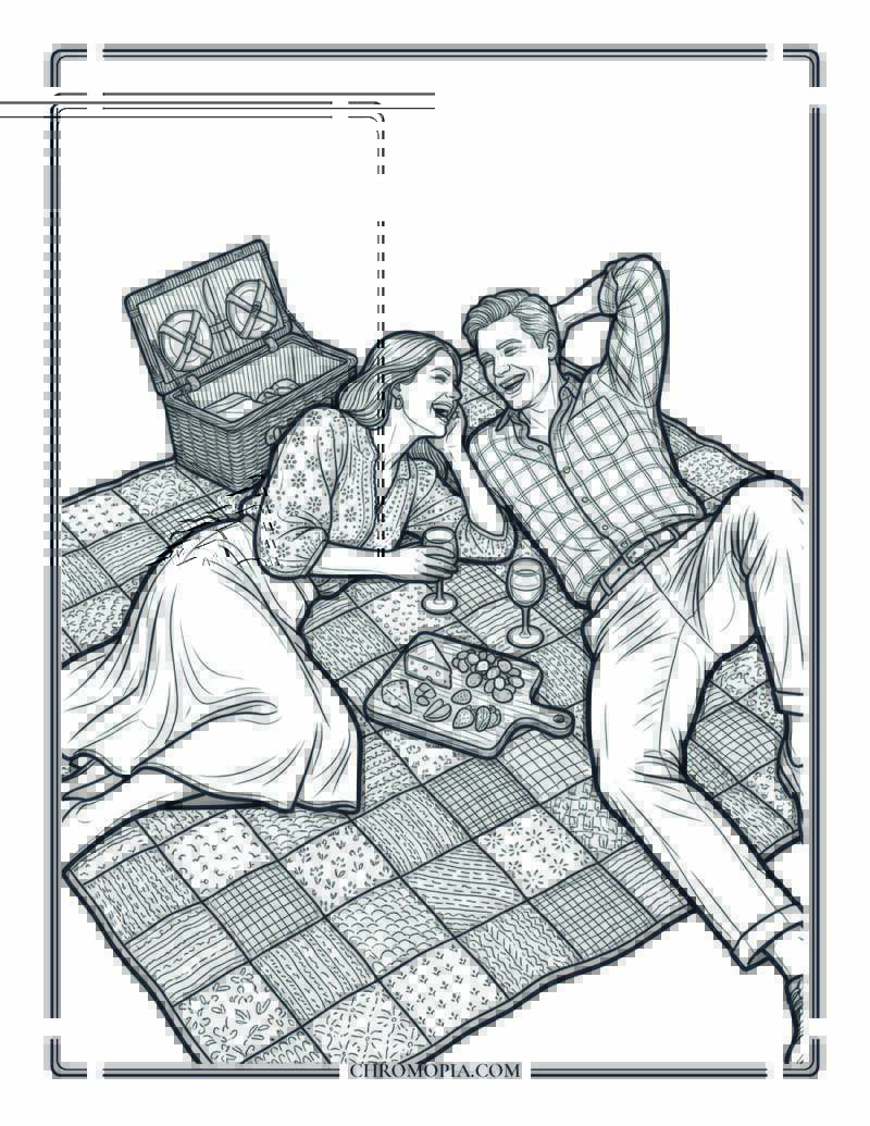 Couple Laughing On A Summer Picnic Blanket Coloring Page