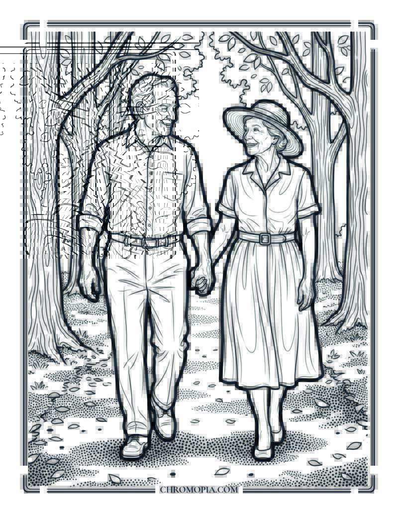 Elderly Couple On Their Morning Walk Coloring Page