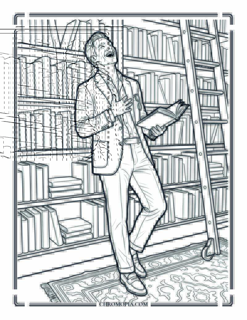 Man Mid Laugh In A Bookshop Coloring Page