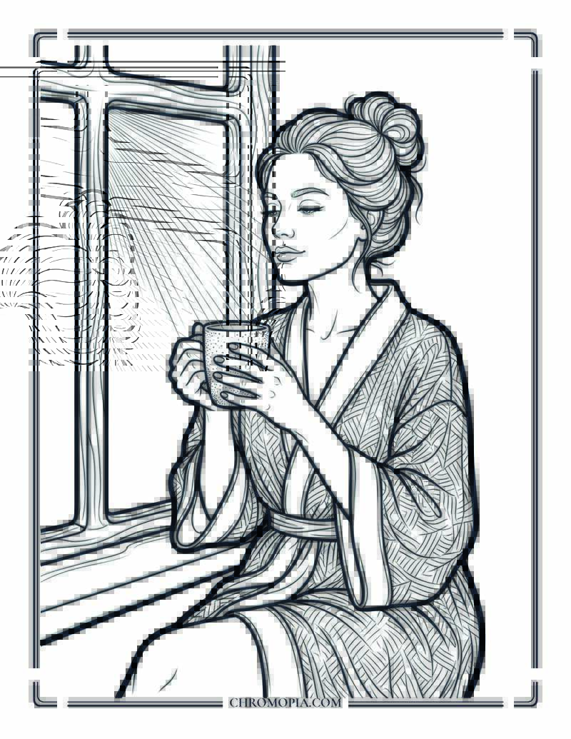 Morning Coffee Glimmer Portrait Happiness Happens Month Coloring Page