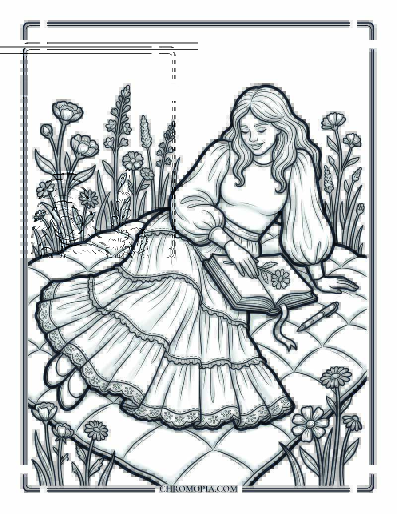 Woman Journaling In An August Wildflower Field Coloring Page