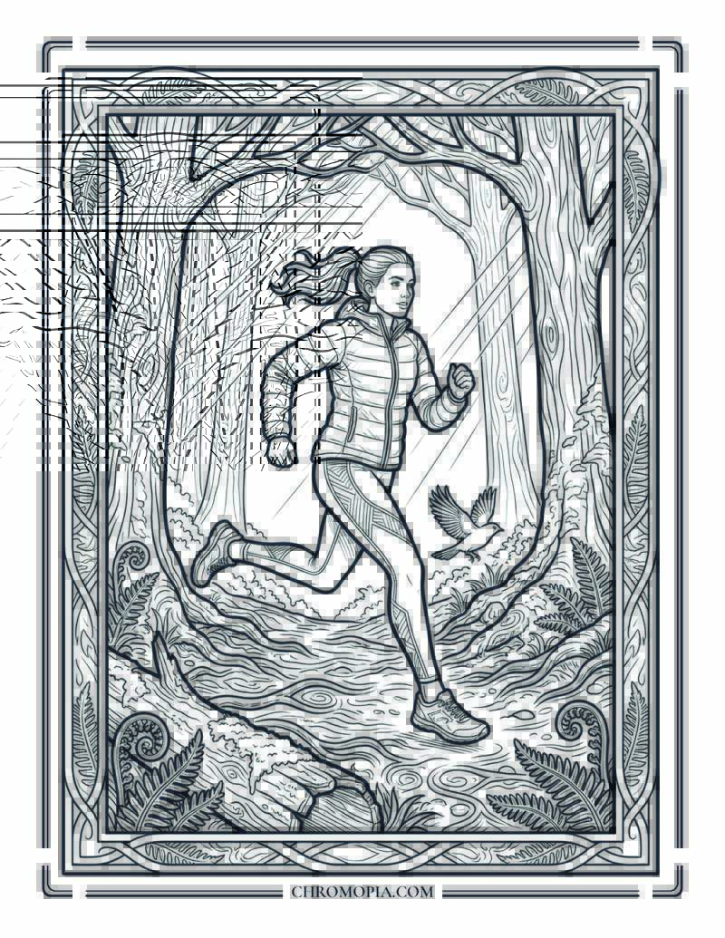 Forest Trail Morning Run National Wellness Month Coloring Page