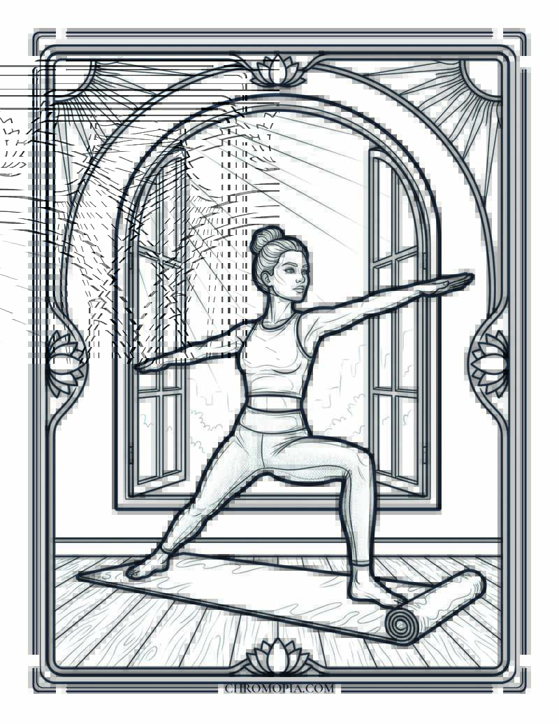 Sunrise Yoga Warrior Pose National Wellness Month Coloring Page