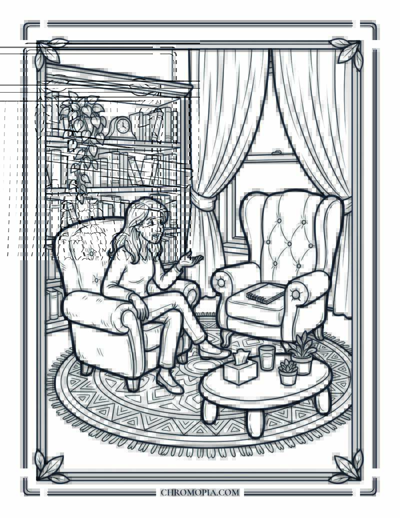 Cozy Therapy Room Session National Wellness Month Coloring Page