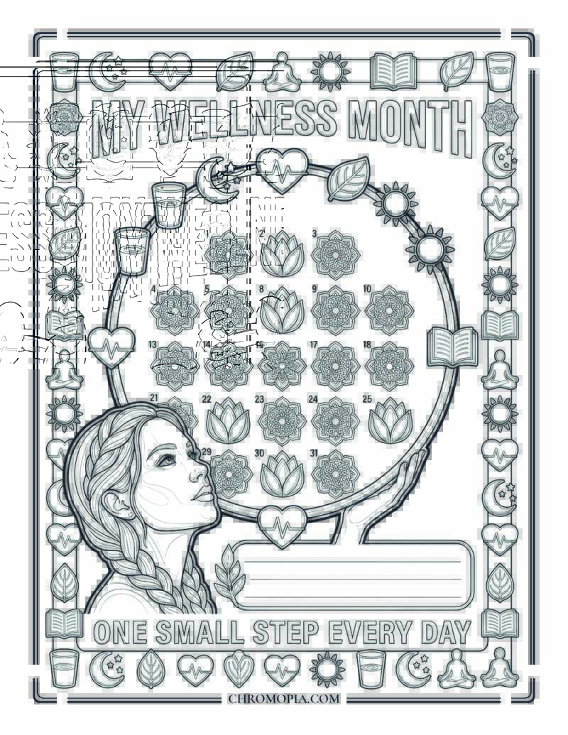 30 Day Wellness Habit Tracker Illustrated National Wellness Month Coloring Page