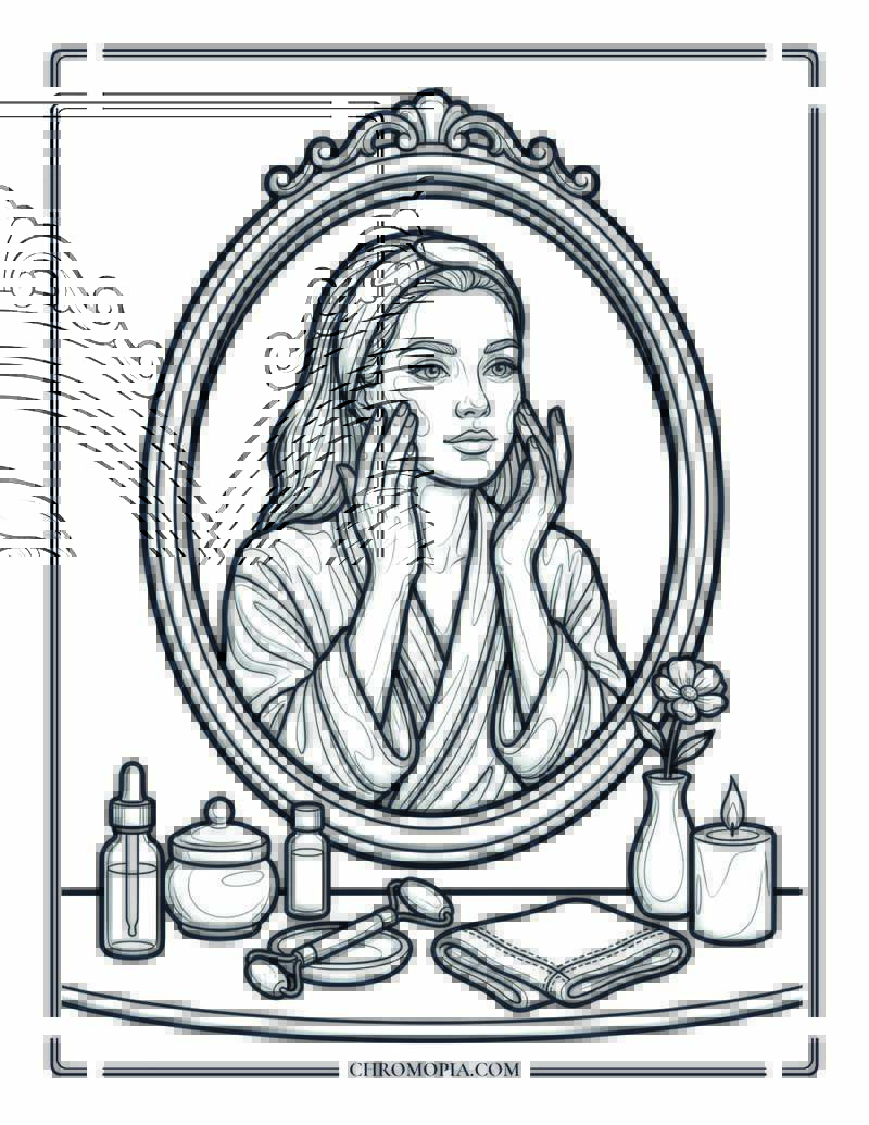 Skincare Mirror Ritual National Wellness Month Coloring Page