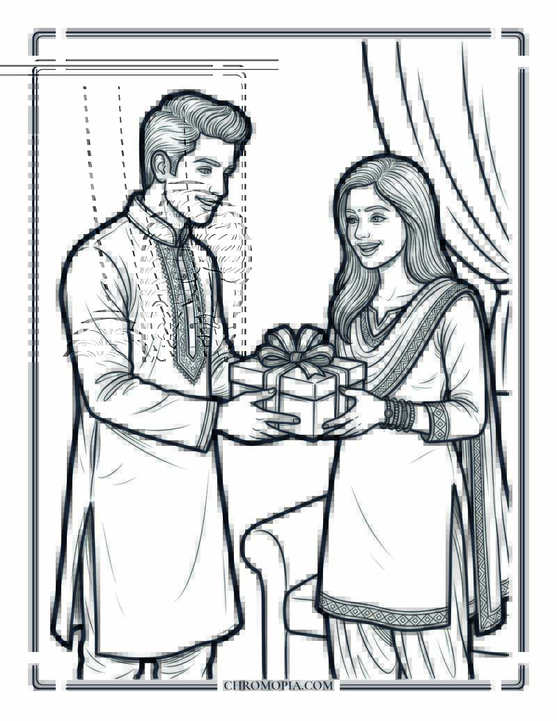 Brother Giving Gift To Sister Raksha Bandhan Coloring Page