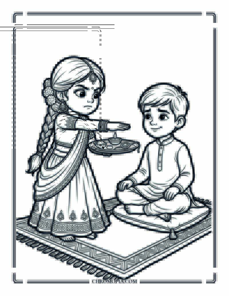 Children Siblings Celebrating Raksha Bandhan Coloring Page