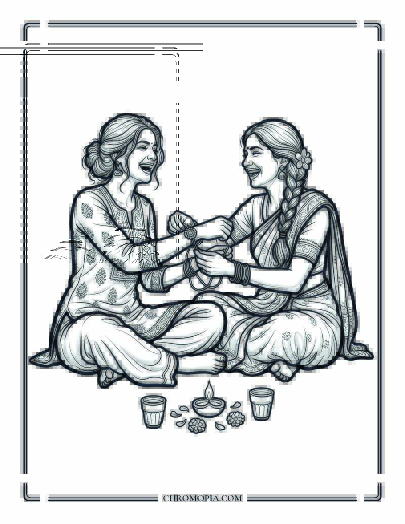 Sisters Tying Rakhis To Each Other Raksha Bandhan Coloring Page