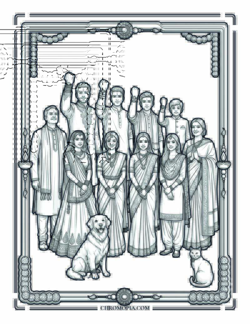 Cute Full Family Raksha Bandhan Celebration Portrait Coloring Page