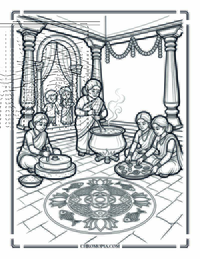 Grand Courtyard Family Morning Raksha Bandhan Coloring Page
