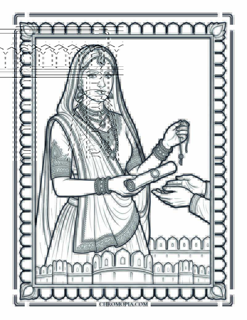 Queen Karnavati Emperor Humayun Sacred Thread Raksha Bandhan Coloring Page