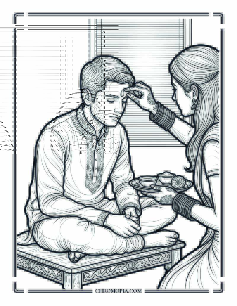 Sister Applying Tilak On Brother Raksha Bandhan Coloring Page