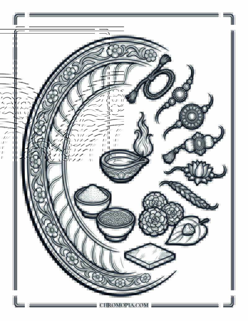 Puja Thali Sacred Festival Objects Raksha Bandhan Coloring Page